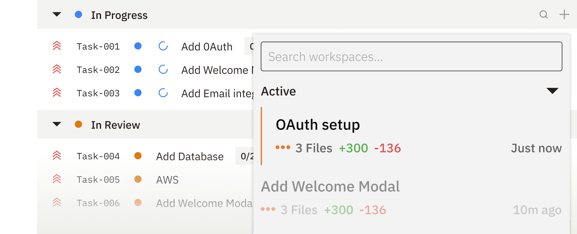 Kanban board showing tasks in progress and in review with a workspace panel displaying active coding agent sessions