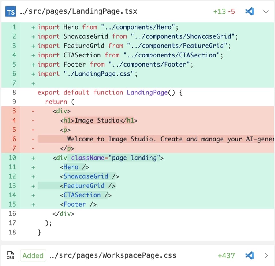 Code review interface showing file changes with syntax highlighting