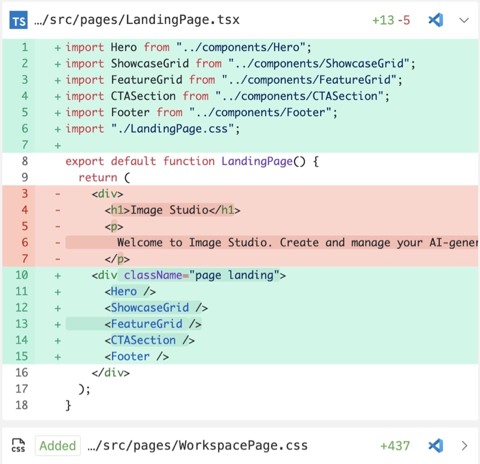 Code review interface showing file changes with syntax highlighting