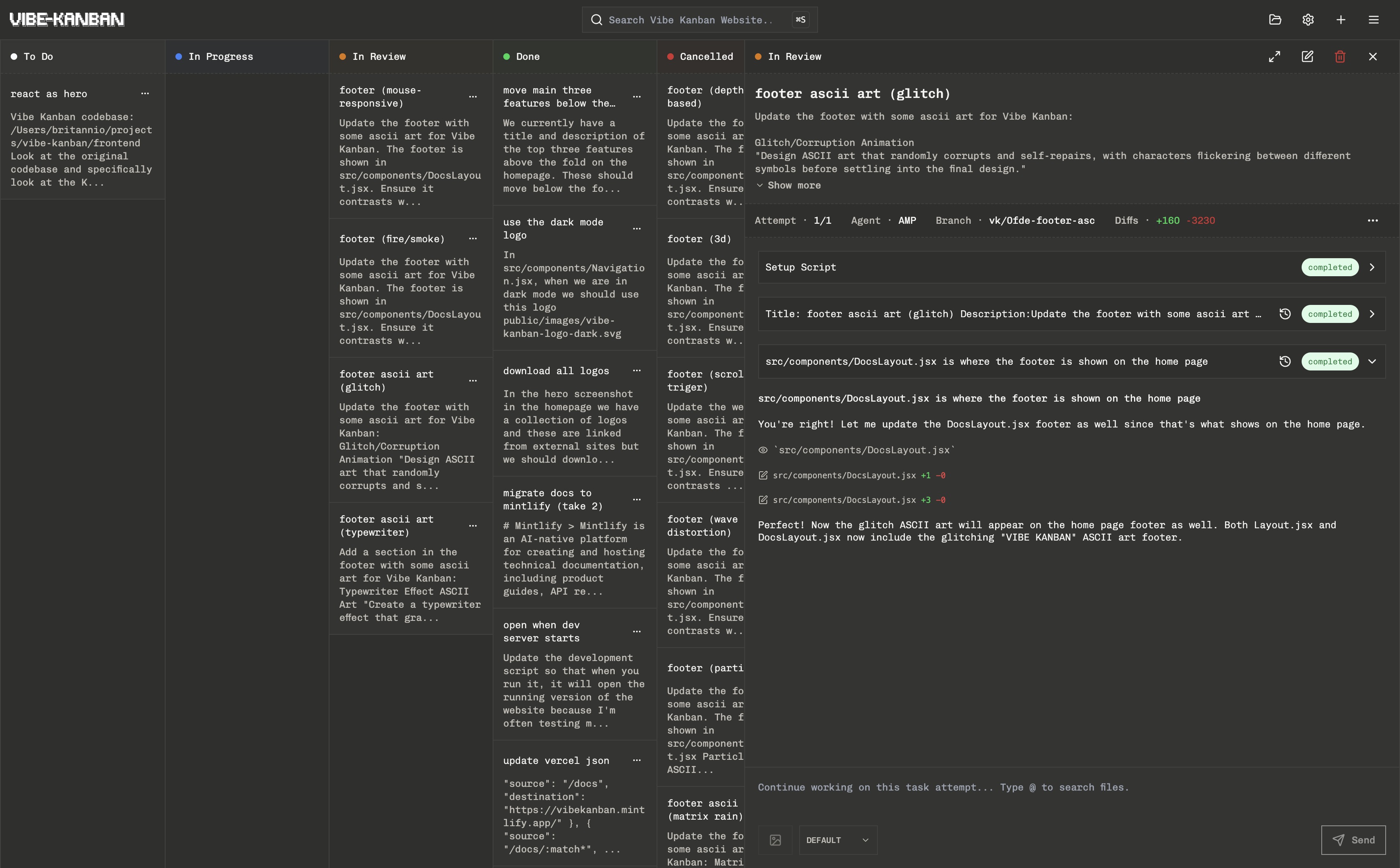 Vibe Kanban task preview interface